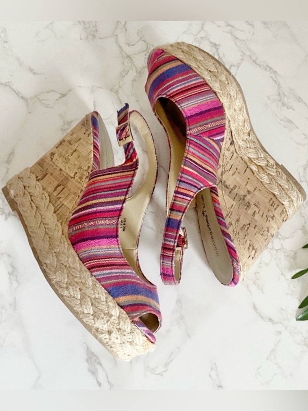 Montego Bay Club Striped Fabric Wedge Slingback Sandals